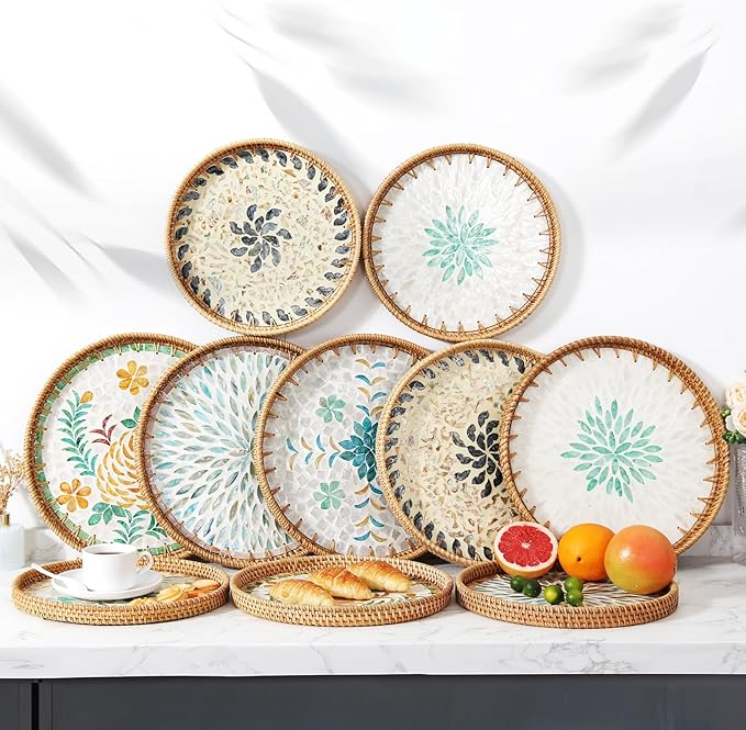 Rattan Serving Tray with Mother of Pearl, Round Coffee Table Tray Decor, Boho Decorative Round Hand-Woven Wicker Home Decor (Galaxy Blue, 12 inch)