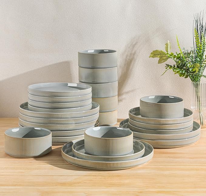 TheTerra Ceramic Dinnerware Sets for 8, 24 Pieces Porcelain Lightweight Plates and Bowls Sets, Scratch Resistant Dish Set, Oven & Microwave & Dishwasher Safe, Desert Sage