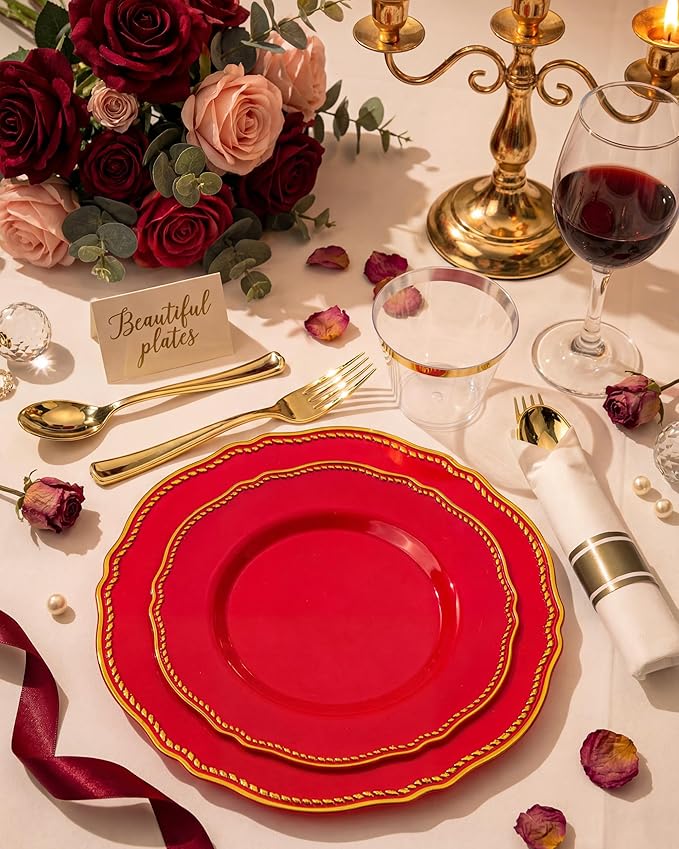 Hioasis 175pcs Red Gold Plastic Plates - Red Plastic Dinnerware Set Includes 25 Dinner Plates, 25 Dessert Dinnerware, 25 Cups, 25 Pre-rolled Napkins Perfect for Wedding & Party