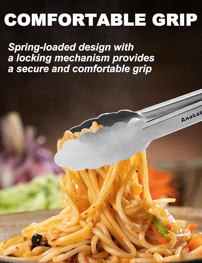 Anaeat Premium Stainless Steel Kitchen Tong, 12" Sturdy Coiled Spring Locking Food Tong with Non-Slip Silicone Grip for Cooking, Baking, Grilling, BBQ - Heat Resistant up to 480°F (Black)