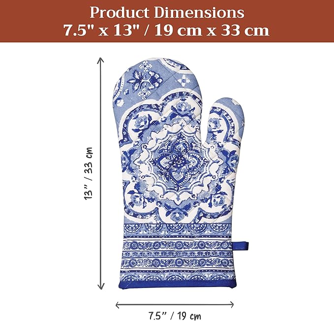 Maison d' Hermine Oven Gloves 100% Cotton Oven Mitt 7" x 13" with Loop Heat Resistant, BBQ, Cooking Gloves, Baking, Grilling, Kitchen, Handling Hot Pans Spring/Summer (Pack of 1, Melodie Bleue)