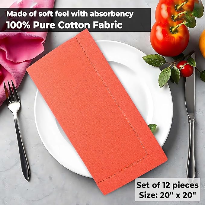 Urban Villa Cloth Napkins Set of 12(20x20 Inches)100% Cotton Hemstitch Napkins Cloth Washable Durable Reusable Absorbent Table Dinner Napkins Cloth for Hotel Lunch Restaurant Weddings Parties - Orange
