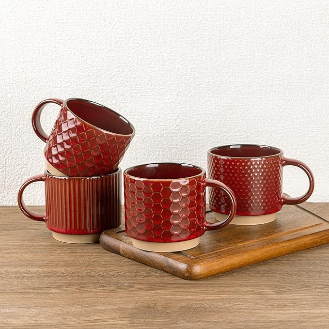 GBhome 12 OZ Stackable Coffee Mugs, Ceramic Coffee Mugs with Texture Patterns for Man,Woman,Dad,Mom, Modern Coffee Mugs Set of 4 for Latte/Cappuccino/Cocoa. Dishwasher&Microwave Safe