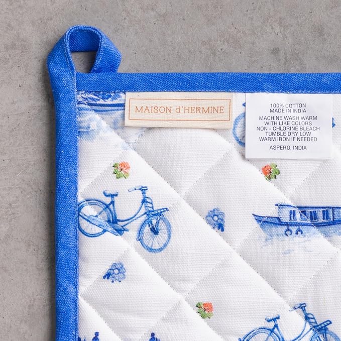 Maison d' Hermine 100% Cotton Oven Mitt & Pot Holder Set (7.5"x13" & 8"x8") Heat Resistant BBQ Cooking Gloves with Loop, Baking, Grilling, Kitchen, Handling Hot Pans Spring/Summer (Amsterdam Canals)