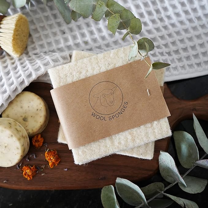 Keyaiira Wool Sponges 2-Pack - Environmentally Friendly, Long-Lasting & Compostable - Perfect for Dishes, Face, Body & Surfaces