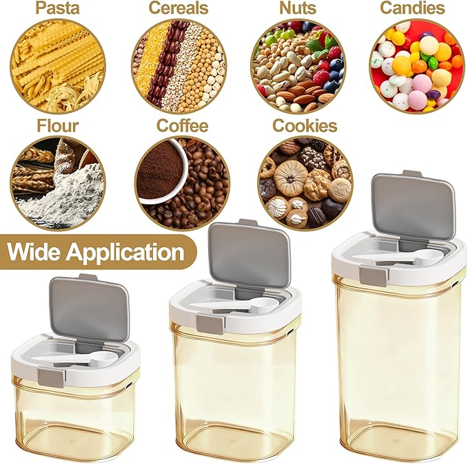3 Pcs Airtight Food Storage Container Set with Spoon, BPA-Free Stackable Kitchen Storage Containers for Coffee, Sugar, Flour, Tea, Cereal and Dry Food (0.85, 1.4, 1.9 qt)