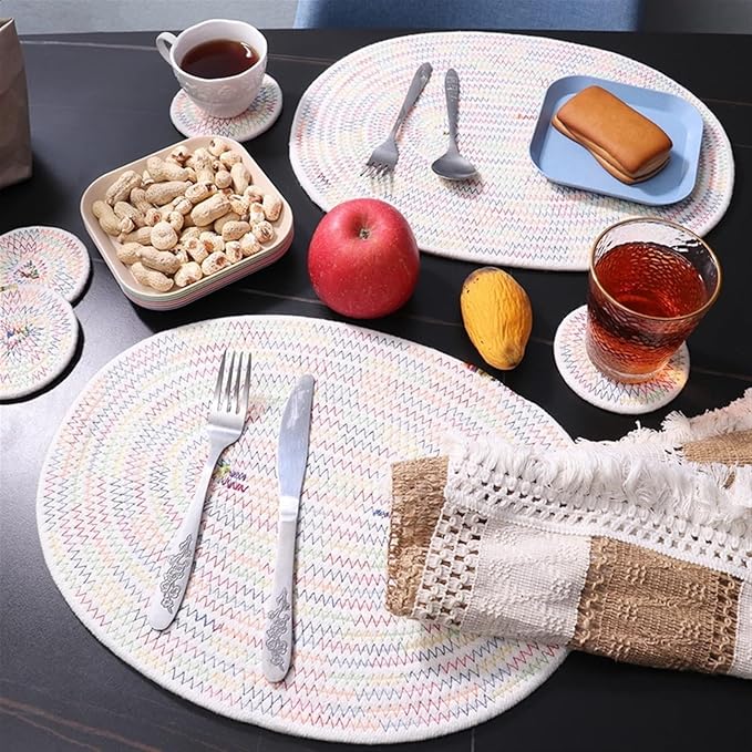 Cotton Woven Braided Round Coasters and Place Mats for Patio Outdoor Dining Kitchen Table Farmhouse Home Decor(Blue Series,R 30cm)