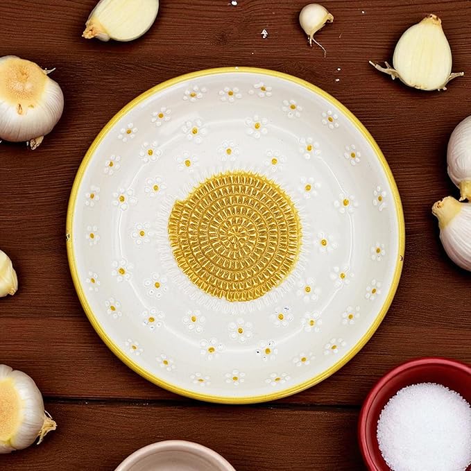Ceramic Grater Bowl, Garlice Grater Plate, Handmade Ginger Grater, Mincer Bowl for Cheese &Vegetables, Ceramic Decorative Mincer, Hand Dish for Garlic (Daisy Garden)