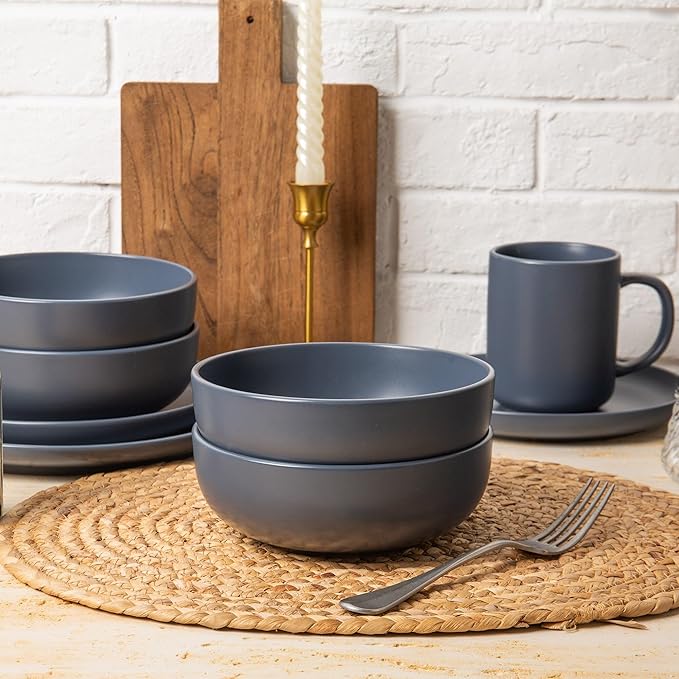 12-Piece Stoneware Dinnerware Set with Mugs | Microwave and Dishwasher Friendly | Stackable Matte Glaze Plates & Bowls | Service for 3 (Blue for 3)