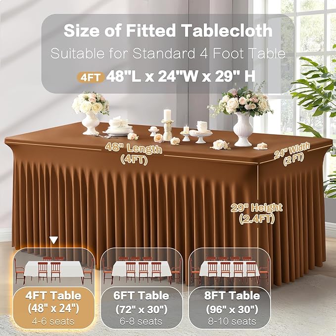 2 Packs Brown Spandex Tableclothes for 4 Foot Rectangle Table, Spandex Table Covers 4FT Stretch Table Skirts Wrinkle Free Fitted Table Cloth for Event, Wedding, Banquet & Parties