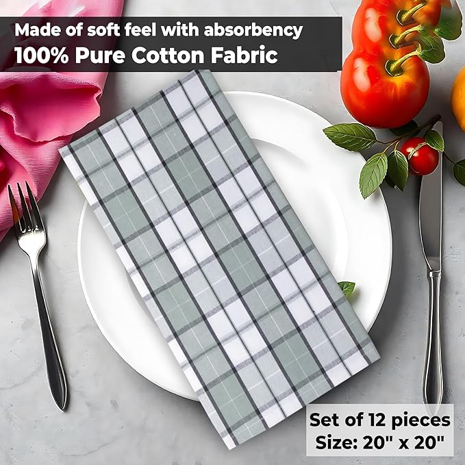 Urban Villa Cloth Napkins 100% Cotton Dinner Napkins Highly Absorbent 20x20 Inches (Set of 12) Majestic Checks Reusable Washable Soft Durable Premium Napkins Ideal for Home Wedding Parties
