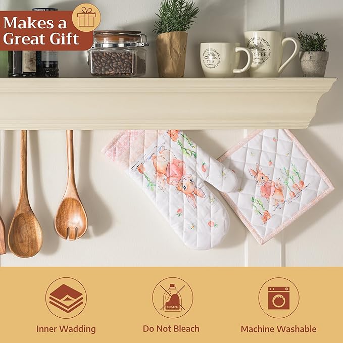 Maison d' Hermine Oven Gloves 100% Cotton Oven Mitt 7" x 13" with Loop Heat Resistant, BBQ, Cooking Gloves, Baking, Grilling, Kitchen, Handling Hot Pans Spring/Summer (Pack of 1, Bunny Party)