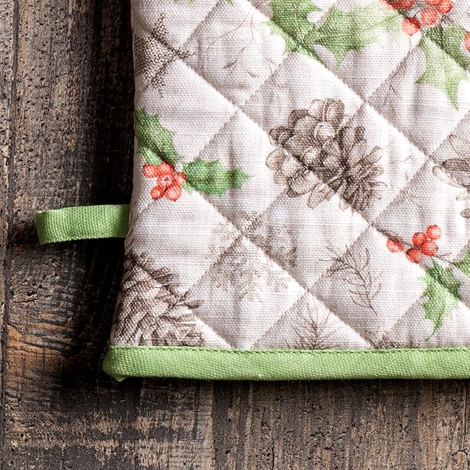 Maison d' Hermine 100% Cotton Oven Mitt & Pot Holder Set (7.5"x13" & 8"x8") Heat Resistant BBQ Cooking Gloves with Loop for Thanksgiving Christmas Decorations Handling Hot Pans (Christmas Dew)