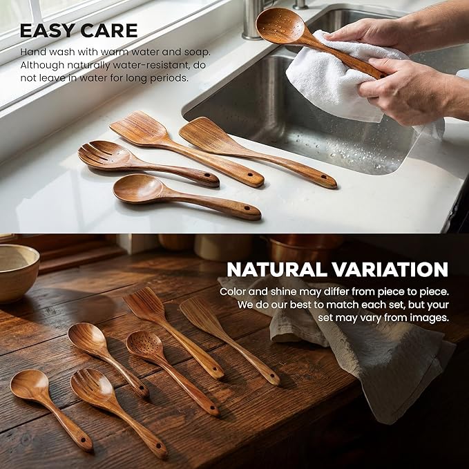 Zulay Kitchen 6-Piece Wooden Spoons for Cooking - Smooth Finish Teak Wood Utensils - Soft Comfort-Grip Cooking Wood Spoons Non-Stick Teak Easy to Clean Utensils Heat Resistant Non-Scratch Spoon Sets