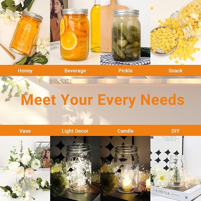 CycleMore 32oz Mason Jars, 6 Pack Large Glass Mason Jar with Metal Airtight Lids and Bands, Wide Mouth Glass Jars, 1 Quart Canning Jars for Pickling, Fermenting, Food Storage & DIY Projects