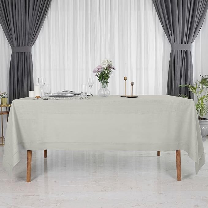 D'Moksha Homes Silver Grey Linen Tablecloth for Rectangle Tables 60 x 132 Inch - 100% Pure Linen Grey Table Cloth - Classic Hemstitch, Machine Washable Dining Tablecloth for Spring, Easter