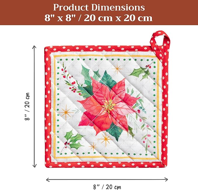 Maison d' Hermine Pot Holders 100% Cotton Heat Resistant Potholders 8" x 8" Hot Pads with Loop for Thanksgiving Christmas Decorations BBQ Cooking Handling Hot Pans (Pack of 1, Poinsettia Christmas)