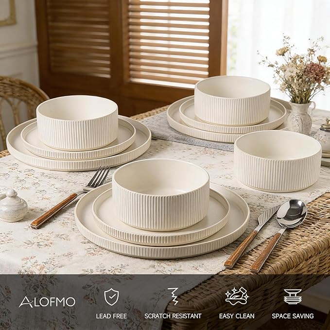 Dinnerware Set Service for 6, 18-Piece Ceramic Plates and Bowls Set, Chip & Scratch Resistant, Microwave and Dishwasher Safe, Modern Minimalist Tableware for Everyday Use, Matte White