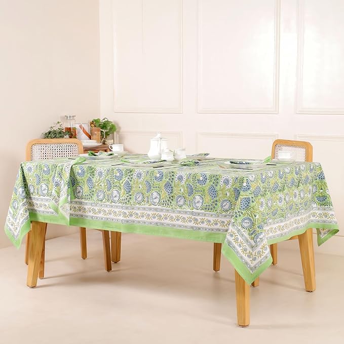 Hand Block Printed Table Cover - Exquisite Design, Premium Cotton Fabric, Perfect for Dining and Decor, Dining Table Linen(Asparagus Green,14 Seater 72 x 160 Inches Rectangle)