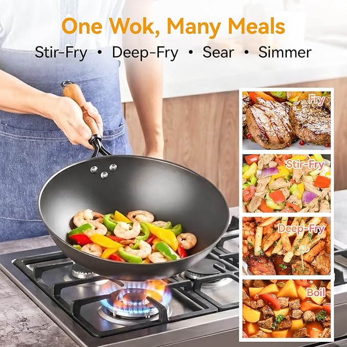 WANGYUANJI 12.6" Carbon Steel Wok with Lid & Spatula - Gift Ready Packaging, Precision Spun Iron Stir Fry Pan for 3-4 People - Flat Bottom, Nitrided Rust-Resistant Surface (Requires Seasoning)