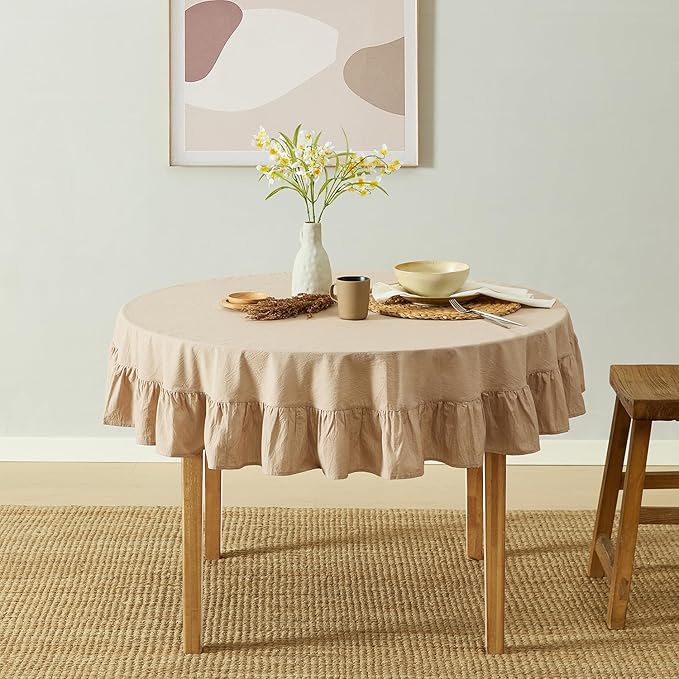 MONDAY MOOSE Ruffle Farmhouse Rustic Round Natural Stonewashed Cotton Tablecloth for Kitchen, Dining Room, Restaurant (60" Round, Natural)