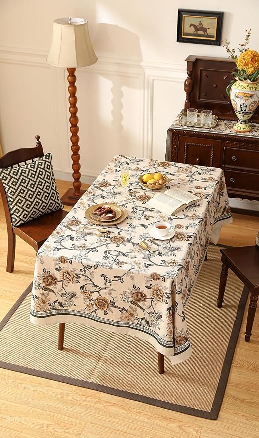 ISAENNE Designer Vintage Linen Extra Long Tablecloth Rectangle,Floral and Bird Pattern Elegant Table Cloth,Fall Wrinkle Resistant Decor Tablecloths for Dining Kitchen Christmas,63"*110"-Murad A