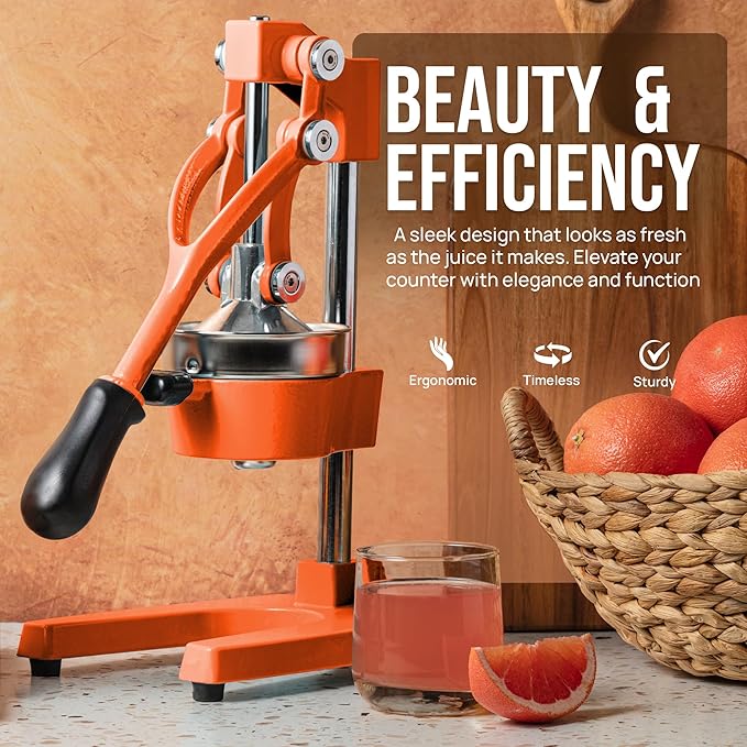 Zulay Kitchen Cast Iron Juicer - Easy-to-Clean Heavy-Duty Manual Juicer, Professional Citrus Juicer - Stainless Steel Lemon Squeezer - Manual Citrus Press & Orange Squeezer - Orange Juicer (Orange)
