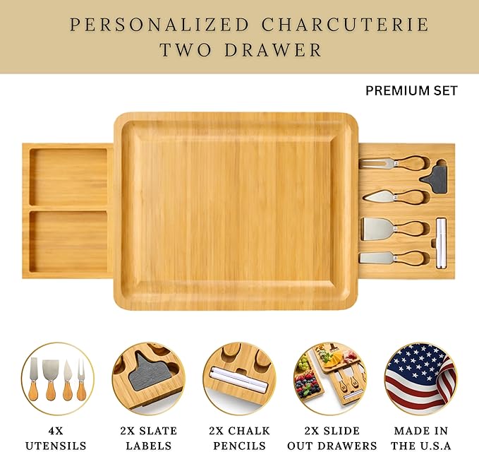 Personalized Charcuterie Boards Gift Set - Custom Engraved Bamboo Cheese Board with Drawer & Knife Set for Wedding, Anniversary & Housewarming Gift for Couples