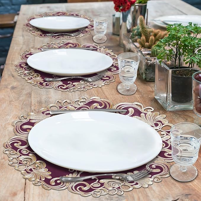 Decozen Set of 8 Doilies for Table, Lace Doilies - Rustic, Crochet, Farmhouse, Kitchen, Dining Table Centerpiece Decor - Round Christmas Placemats - 15 inch Gold Burgundy, The Chantelle Collection