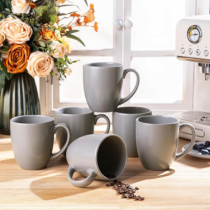 GBhome 12oz Coffee Mugs Set of 6, Large Ceramic Coffee Mugs for Man, Woman, Dad, Mom, Modern Coffee Mugs Set with handle for Tea/Latte/Cappuccino/Milk/Cocoa. Dishwasher&Microwave Safe,Matte Grey