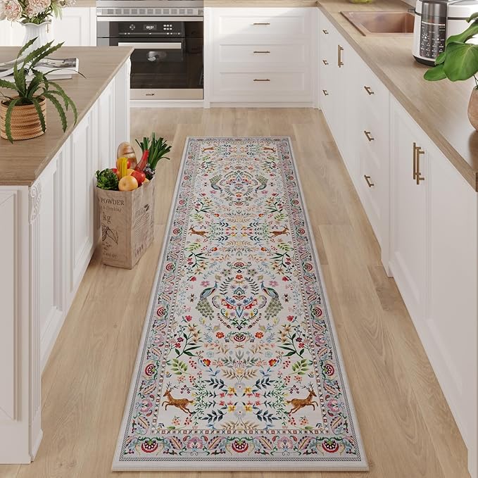 Rugcomf Runner Rug Washable Kitchen Runner 2'6''x8' Runner Rug for Entryway Indoor Floral Non-Slip Soft Carpet Runner for Hallways, Kitchen, Laundry, Bedroom, Bathroom(Colorful)