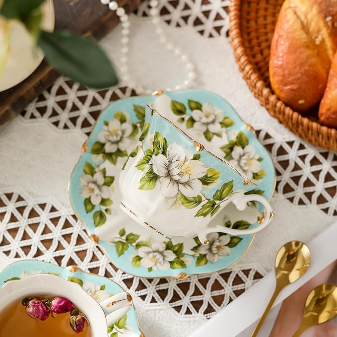 TATSUMI Country Roses 18 Peices Bone China Tea Cup And Saucer Set, English Vintage Tea Cups Of 6 For Women And Tea Party Sets(Light Green, 6 sets)