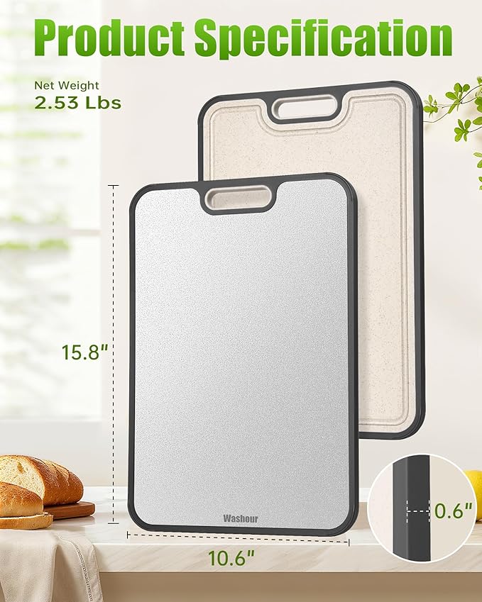 Stainless Steel Cutting Boards for Kitchen, Non Toxic 2-in-1 Cutting Board Double Sided, Chopping Boards for Fresh Meat Vegetable, Easy to Clean Large Size 16”×11”