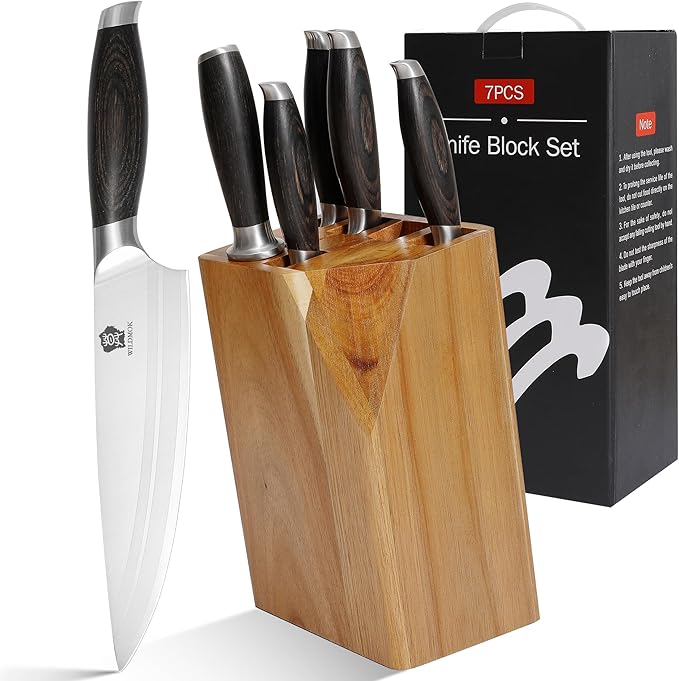 WILDMOK Knife Set, 7 Piece Kitchen Knife Block Set with Block Wooden, German Stainless Steel Sharp Chef Knife Set with Sharpener
