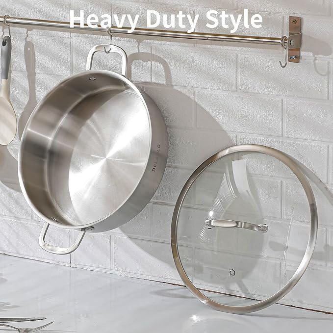 DELARLO Tri-Ply Stainless Steel 7QT Saute Pan With Lid, 12 Inch Deep Frying Pan, Induction Large Skillet, Cooker Pan for Chefs, Dishwasher & Oven Safe