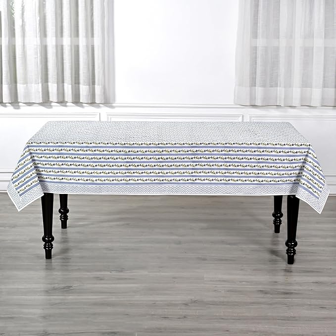 Ridhi Hand Block Print Dolphin Gray Rectangle Cotton Tablecloth 108" x 70" Reusable Table Cover Decorative Everyday Use for Dining, Farmhouse, Home Gift for Spring, Easter, Valentine