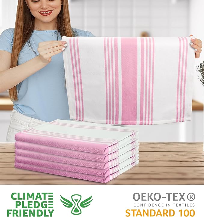 Urban Villa Kitchen Towels 100% Cotton Dish Towels for Kitchen (Set of 6) 20”x30” Dish Cloths Highly Absorbent Kitchen Linen Set with Hanging Loop Perfect for Drying Dishes Cleaning Towels-Pink White