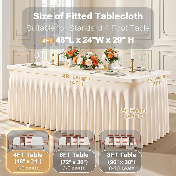 Light Champagne Spandex Table Covers 4 Foot Rectangle Table, Fitted Stretch Table Skirts Wrinkle-Free Floor Length Polyester Rectangle Tablecloths for Weddings Parties Banquets Events,2 Pack