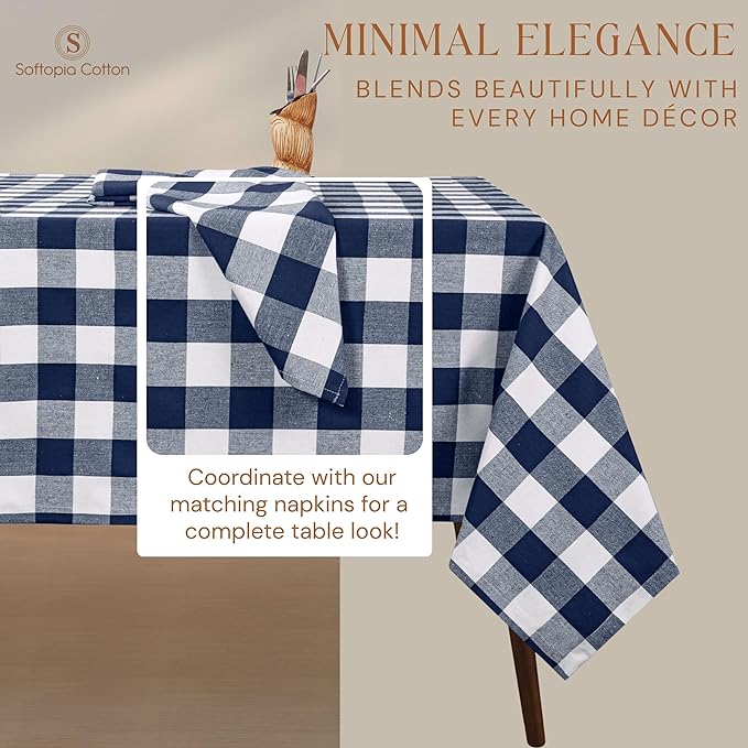 Navy Blue Buffalo Check Tablecloth, 60x102 Inches, Plaid Dining Table Cover, 100% Cotton, Washable, Reusable Farmhouse Table Linen for Holidays, Winter Meals, Wedding, Everyday Dining