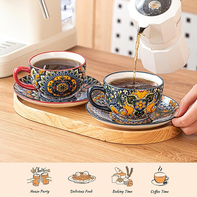 Henten Home 8.5 oz Cup with Saucers Set, Ceramic Coffee Mug Set of 6, Colorful Porcelain Cup for Latte, Tea, Cappuccino, Hot Cocoa, Espresso, Microwave & Dishwasher Safe