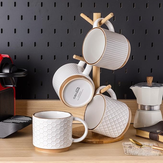 GBhome 12OZ Stackable Coffee Mugs with Stand, Ceramic Coffee Mugs with Texture Patterns for Man,Woman,Dad,Mom, Modern Coffee Cups Set of 4 for Latte/Cappuccino/Cocoa. Dishwasher&Microwave Safe