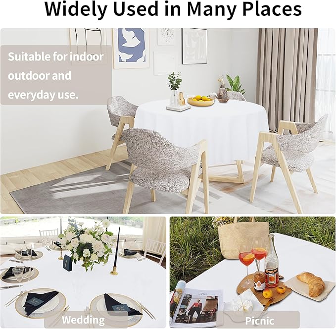 Easy-Going Faux Linen Waterproof Spill-Proof Tablecloth Stain Resistant Round Table Cloth Wrinkle Free Decorative Fabric for Kitchen, Dining, Party, Weddings, Restaurants (60 in-Round, White)