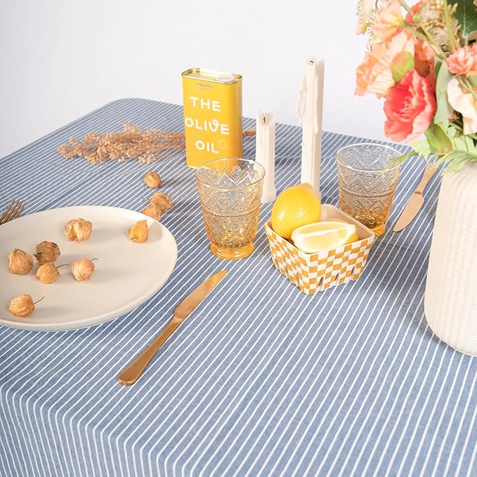 MONDAY MOOSE Striped Farmhouse Picnic Style Decoration Rectangle Natural Stonewashed Cotton Tablecloth for Kitchen, Dining Room, Restaurant (55x70 inch, Blue/White Stripes)