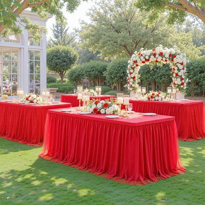 Suppromo 2 Pack 8ft Red Tulle Tablecloths for Rectangle Tables, 8 Foot Red Rectangular Table Cloth Wrinkle Free Tablecover with Tutu Skirt for Baby Shower Wedding Birthday Party Banquet Buffet Cake