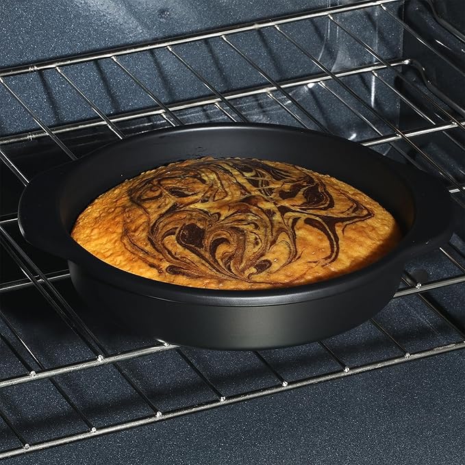 Oster Teston 9-Inch Round Cake Pan, Nonstick Carbon Steel Bakeware, Matte Black, PFAS-Free, Oven-Safe, Easy Release Baking Pan