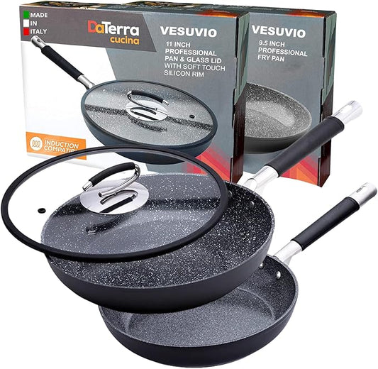 DaTerra Cucina Nonstick 2-Piece Induction Frying Bundle – 9.5" Ceramic Fry Pan & 11" Ceramic Frying Pan with Lid – Oven & Induction Safe, Nonstick Cookware, PTFE & PFOA Free - Made in Italy, Black