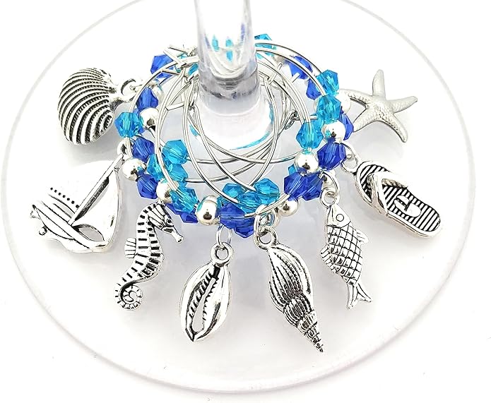 Beach Wine Charms, Seashell, Summer Wine Charms, Beach Lover and House Gifts, Nautical Glass Identifiers, Shell Glass Tags, Clam Shell, Party Supplies and Party Favors - 8 piece set