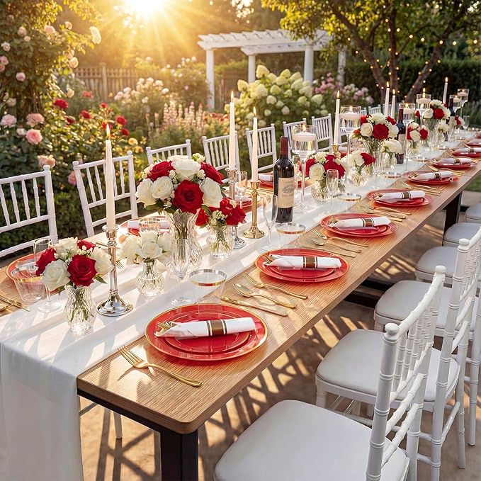 350Pieces Red Plastic Plates with Gold Rim Include 50Dinner Plate 10”, 50Dessert Plate 7”, 50 gold Cups 9 OZ, 50 Pre Rolled Napkins for Party Valentine's Day