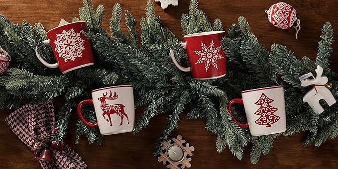 Bico Holly Jolly Ceramic Mug Set of 4, Christmas Coffee Mugs, 18oz Holiday Cups for Tea, Cocoa, or Hot Drinks, Microwave & Dishwasher Safe