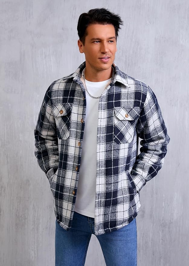 Men's Cotton Sherpa Lined Button Down Flannel Shirt Jacket Plaid Soft Outdoor Flannel Jacket Shirt